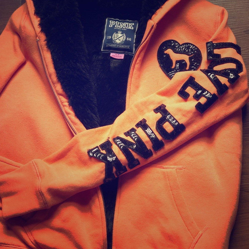 Pink orange black fur hoodie